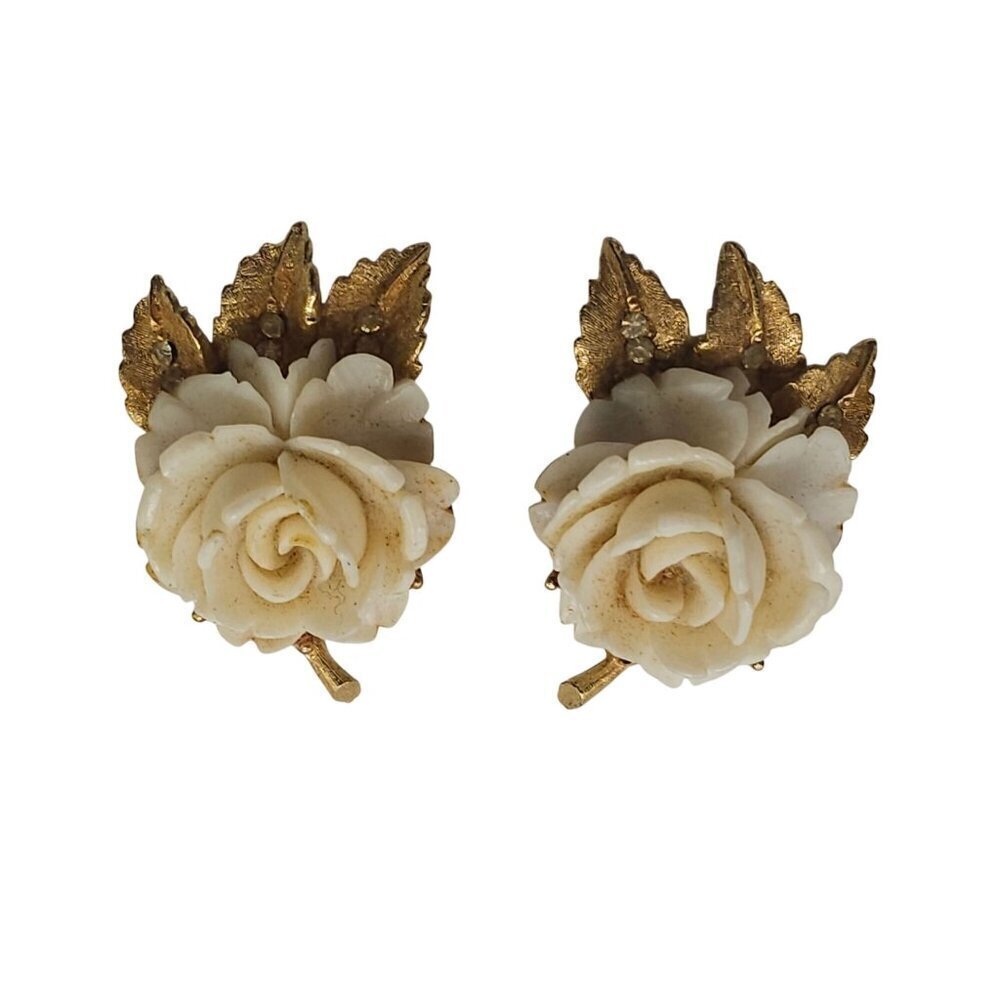 Vintage B.S.K. Clip-On Earrings Faux Ivory Colored Rose Design Gold Tone Leaf Ac